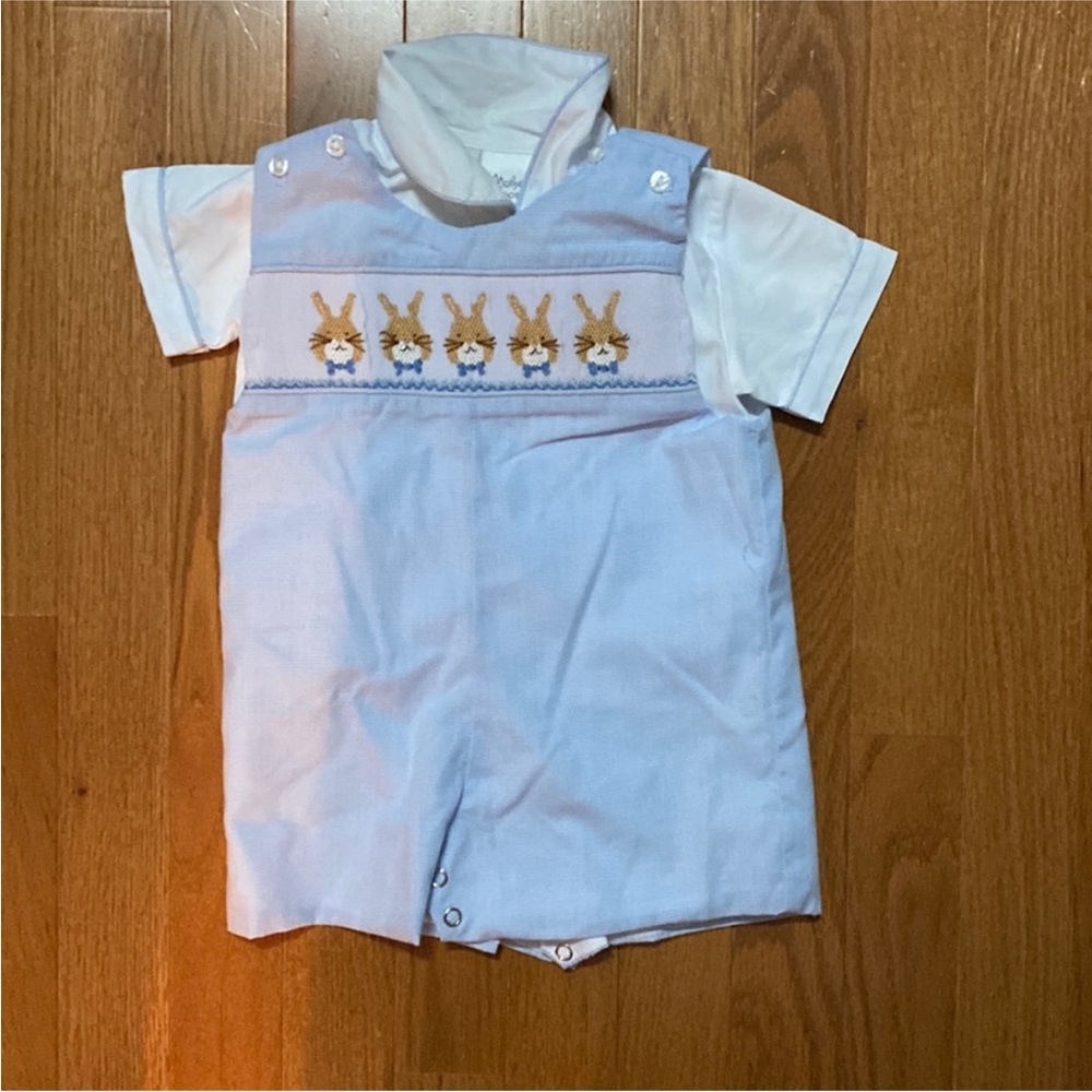 Smocked boy white and blue gingham Easter one piece